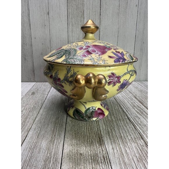 Vtg Chinese Gilding Lidded Trinket Dish 6" Red Stamp Floral Plum Gold Handles - Picture 2 of 11